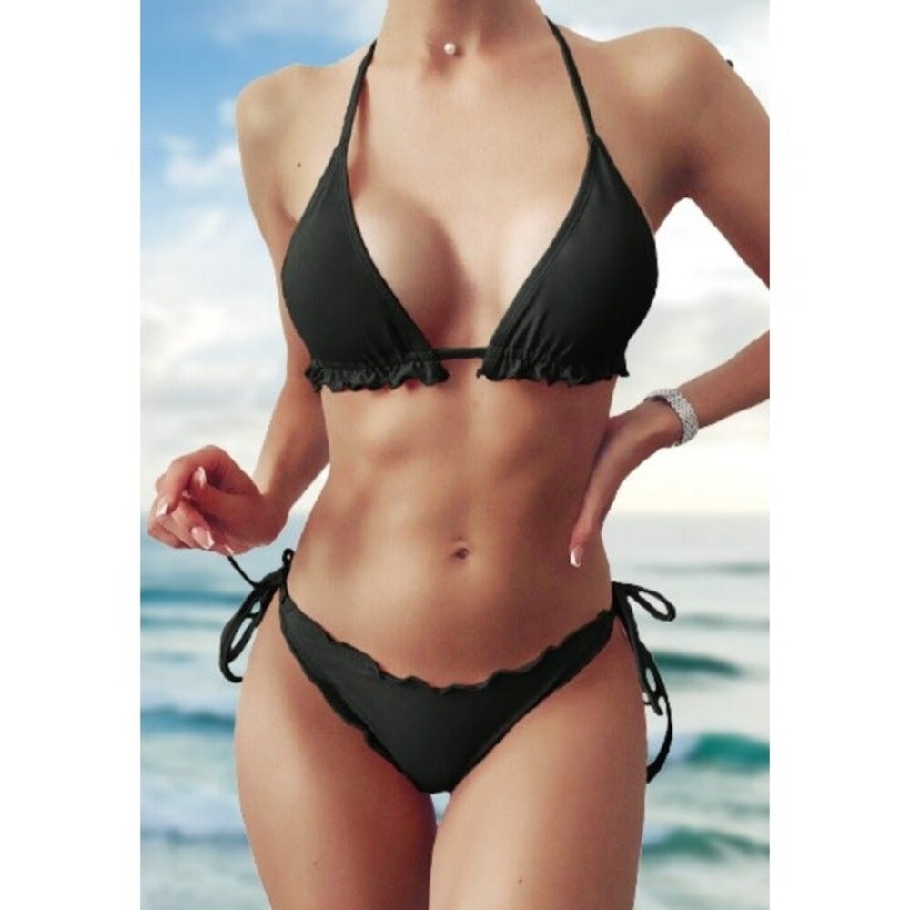 Frill Trim Halter Tie Bikini Royal Blue NWT Sz L